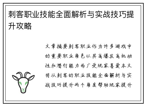 刺客职业技能全面解析与实战技巧提升攻略