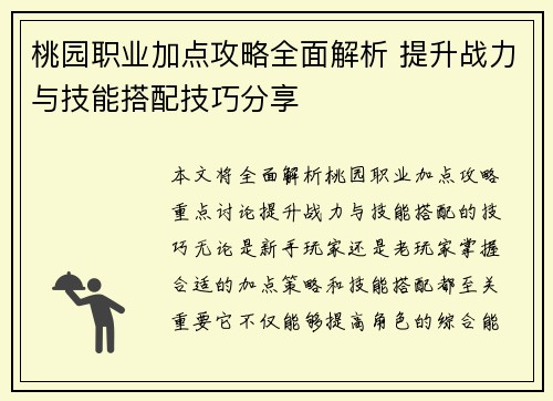 桃园职业加点攻略全面解析 提升战力与技能搭配技巧分享